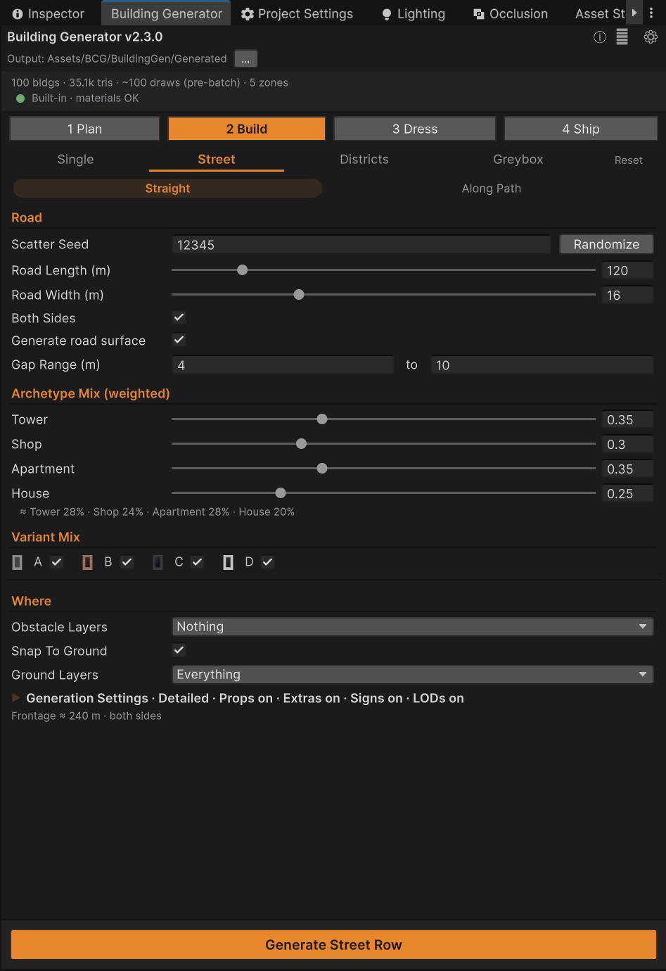 The Build ▸ Street pane in Straight mode, showing the Road settings, the weighted Archetype Mix with its live percentage readout, the Variant Mix palette checkboxes, and the pinned Generate Street Row button.