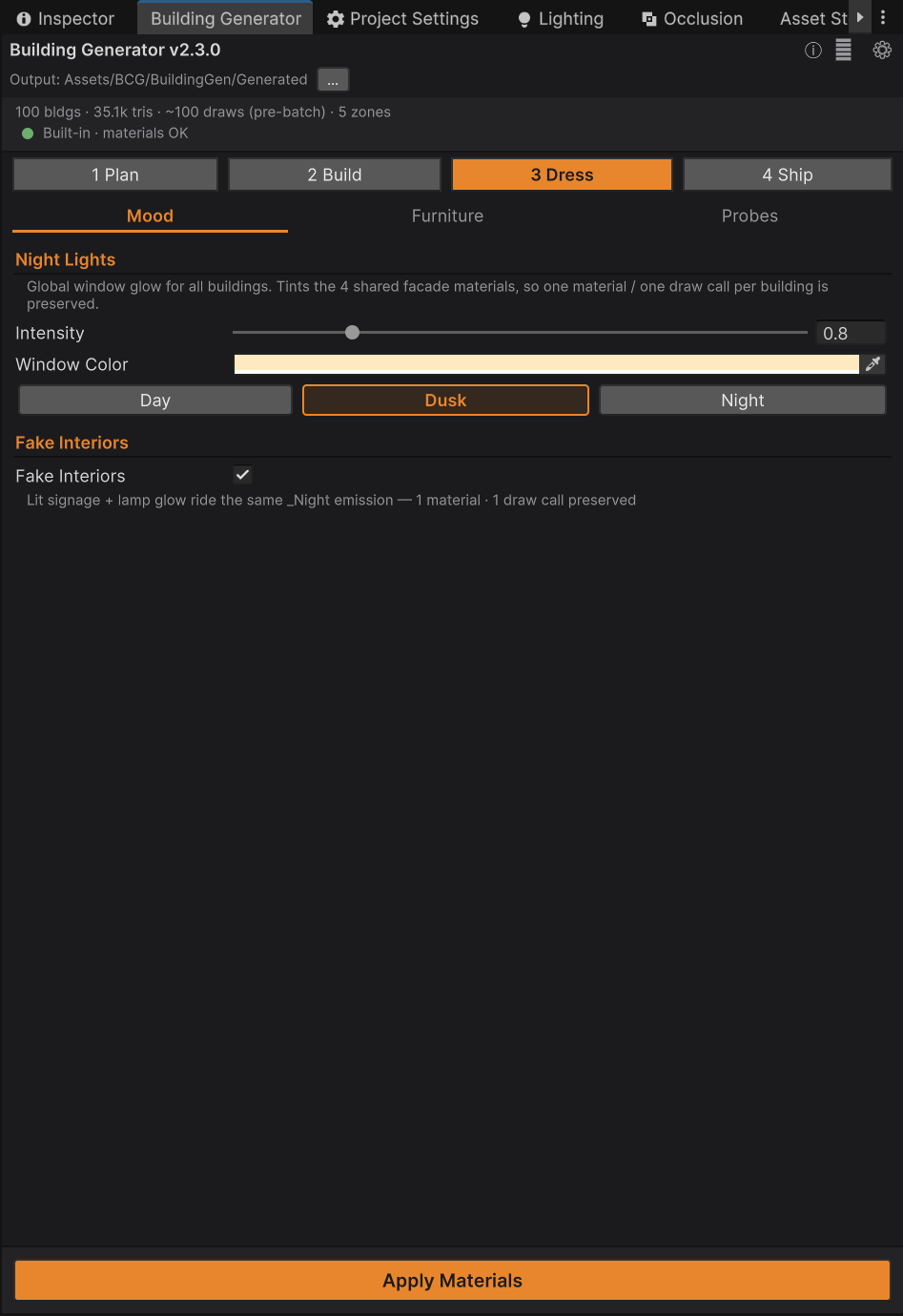 The Dress ▸ Mood pane, showing the Night Lights intensity slider and window colour with Day, Dusk and Night preset buttons, the Fake Interiors toggle, and the pinned Apply Materials button.