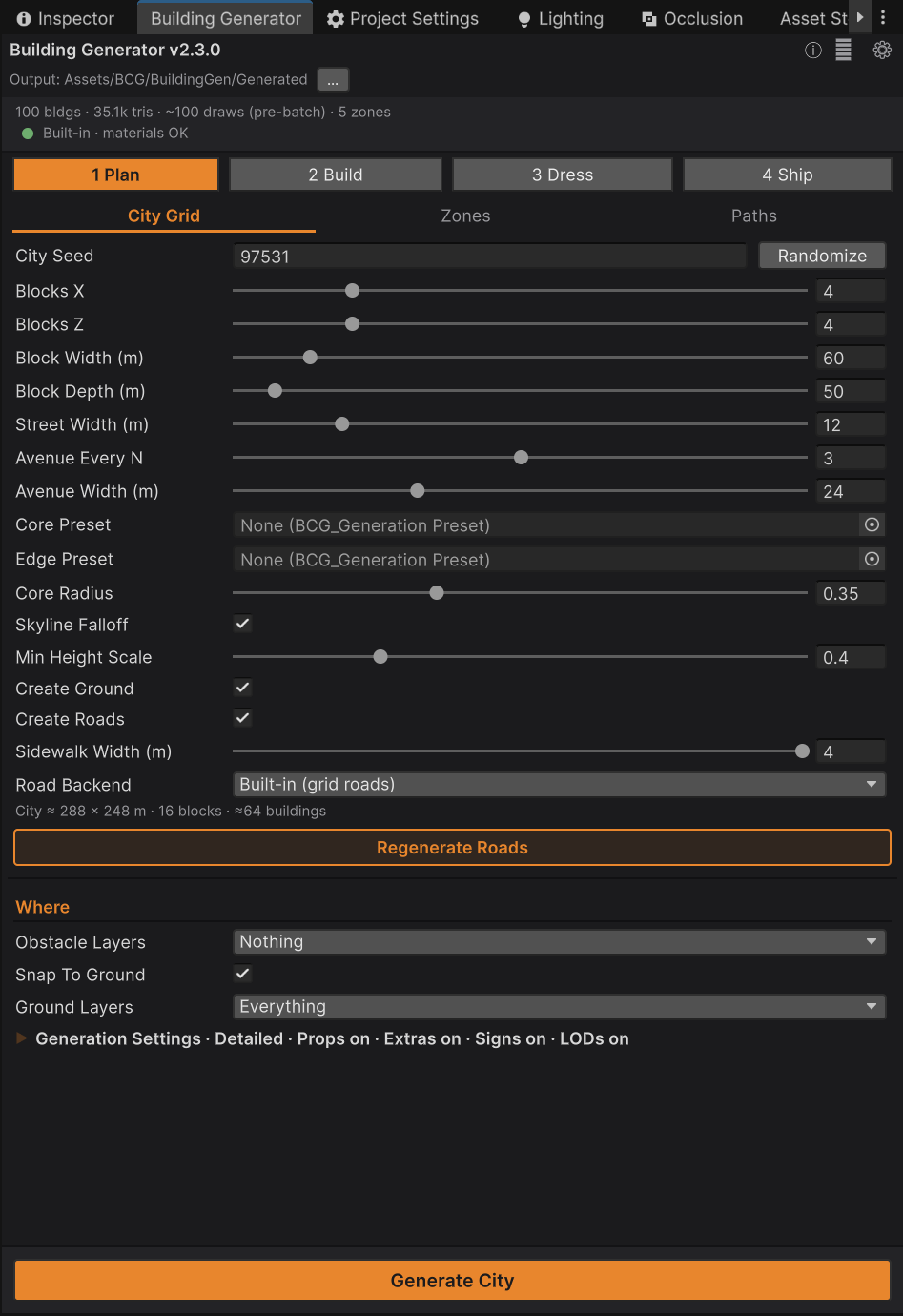 The generator window on Plan ▸ City Grid, showing the title row, the output row, the City Ledger status band, the stage strip, the sub-tab strip, the pane itself, and the pinned Generate City button at the bottom.