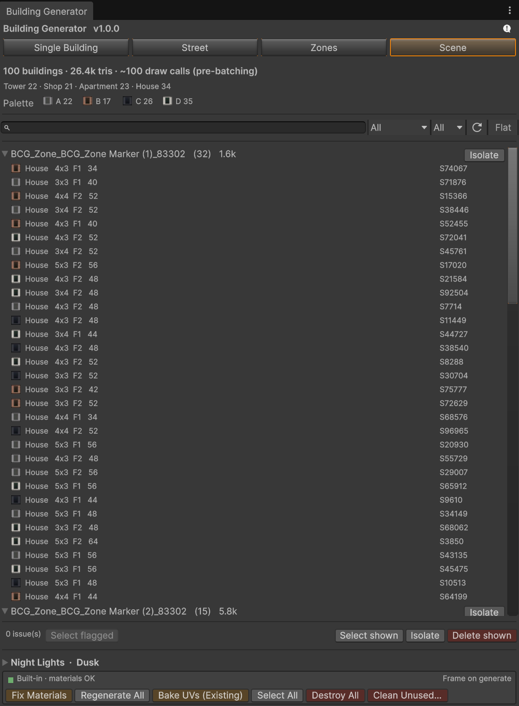 Scene tab — overview stats, filter toolbar, district-grouped building list, and bulk-action footer.