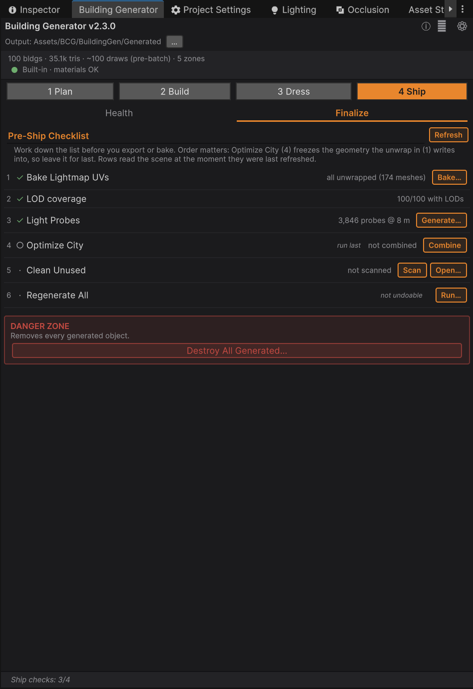 The Ship ▸ Finalize pane: a six-row pre-ship checklist with live counts and tick marks, a danger zone containing Destroy All Generated, and a "Ship checks: 3/4" tally in the action bar.