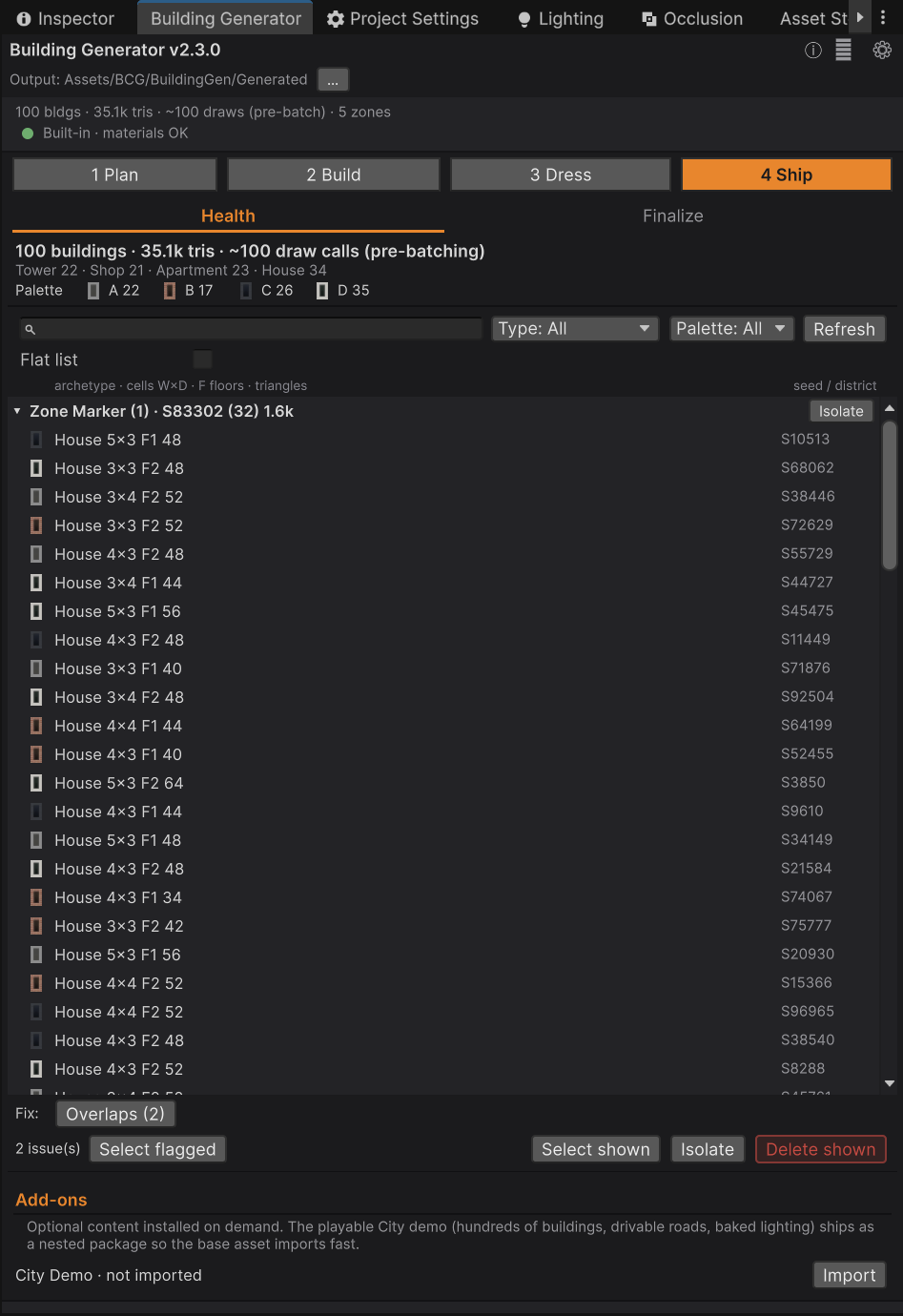 The Ship ▸ Health dashboard: scene totals at the top, archetype and palette breakdowns, a search and filter toolbar, a district-grouped list of every generated building, a Fix row, bulk-action buttons, and the Add-ons panel.
