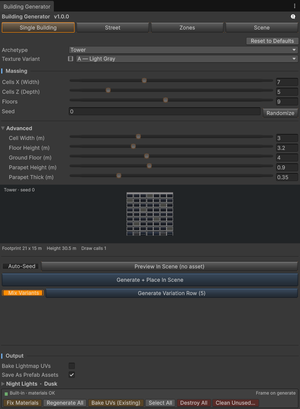 Single Building mode — archetype, massing, advanced fields, live preview, and the persistent footer.
