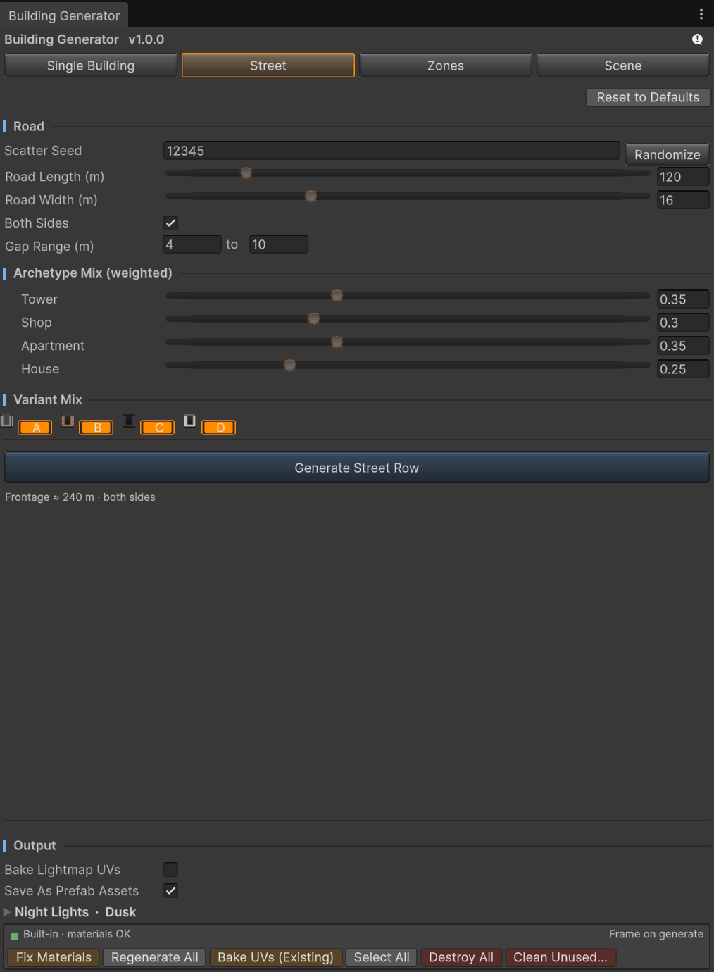 Street mode — road settings, weighted archetype mix, and variant mix.