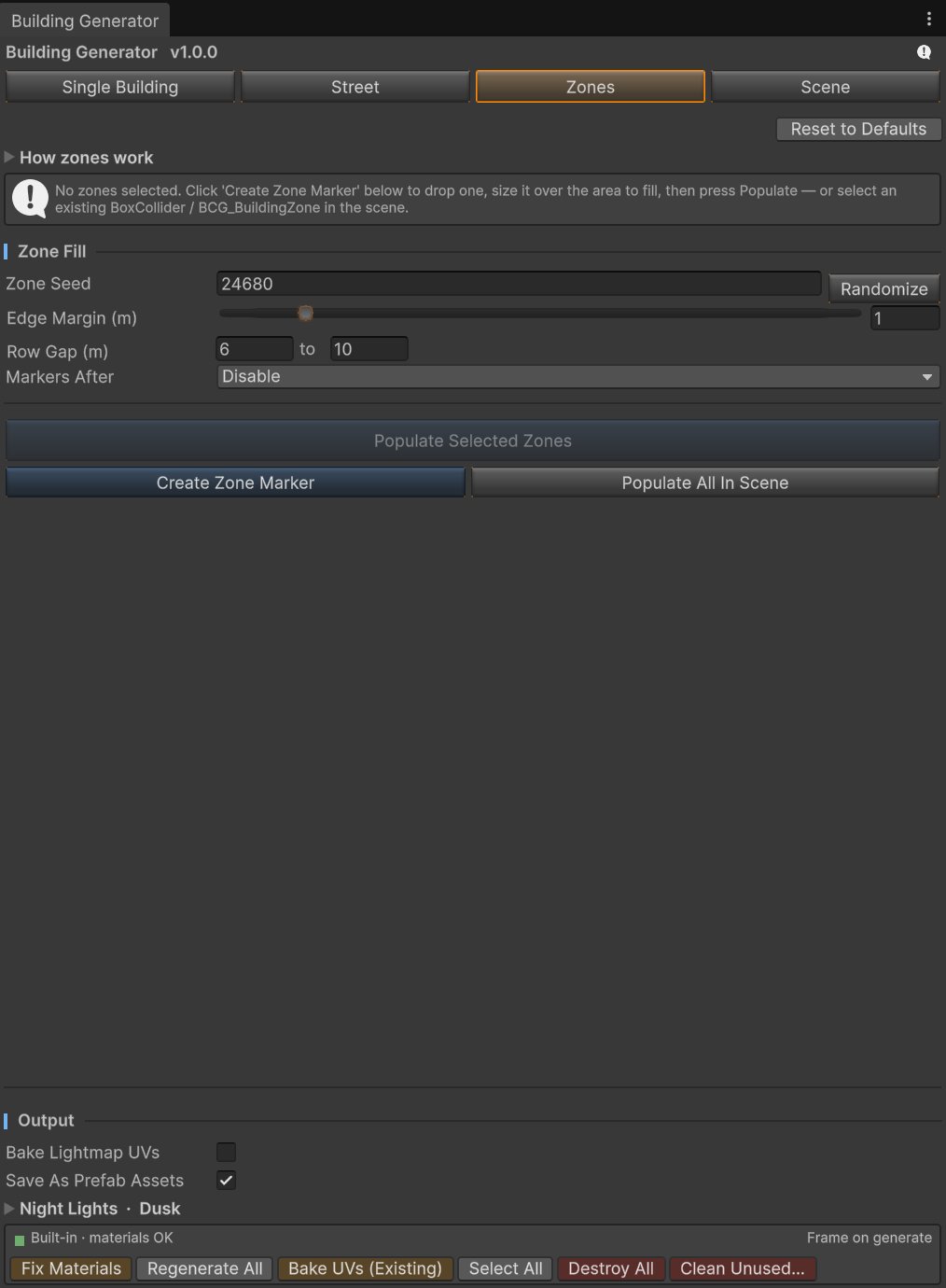 Zones mode — the Zone Fill settings and the Populate / Create Zone Marker actions.